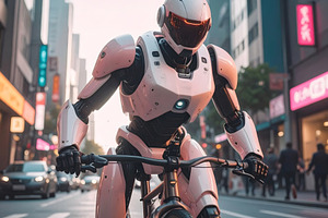 Futuristic robot cycling through busy city street with determina, a Technology Photo by GoodGoods