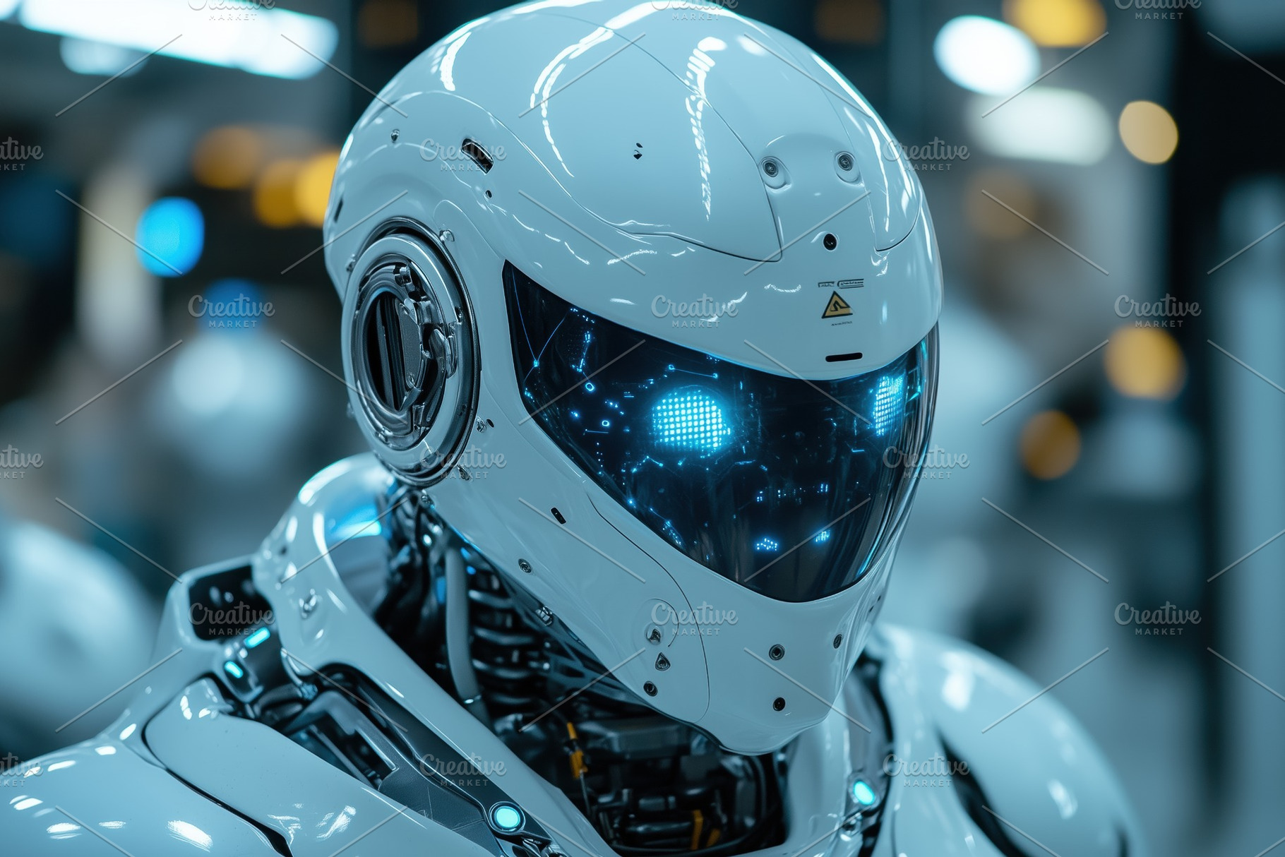 A futuristic humanoid robot with a sleek white exterior and glowing ...