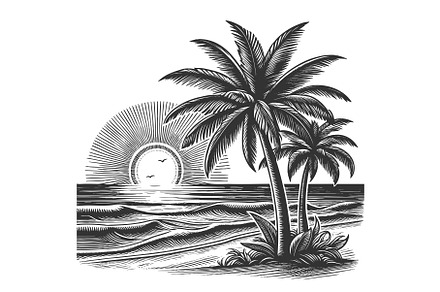 tropical beach with palm trees and, an Illustration by AlexArt