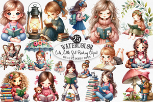 Cute Little Girl Reading Clipart, an Illustration by Designking