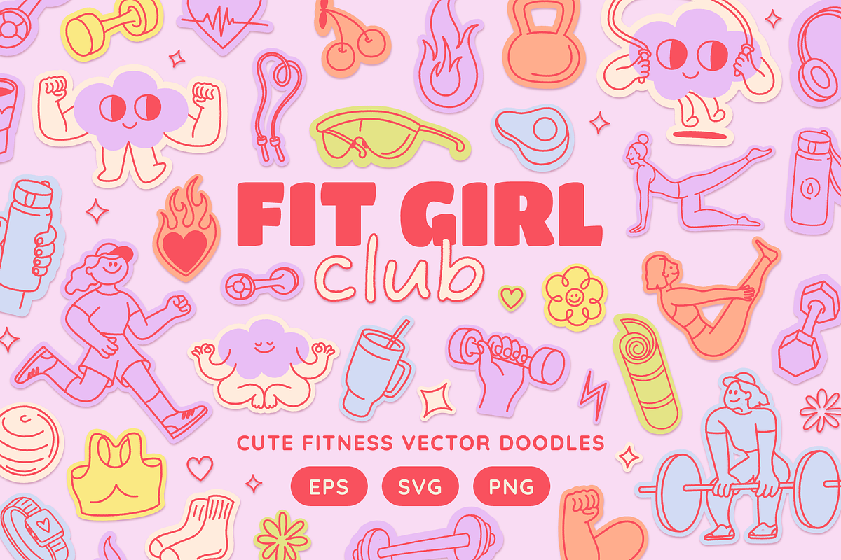 Fit girl era. Vector fitness doodles, an Object Graphic by venimo (Photo 1 of 13)