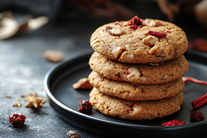 Delicious homemade cookies stacked o, a Photo by Tanuart