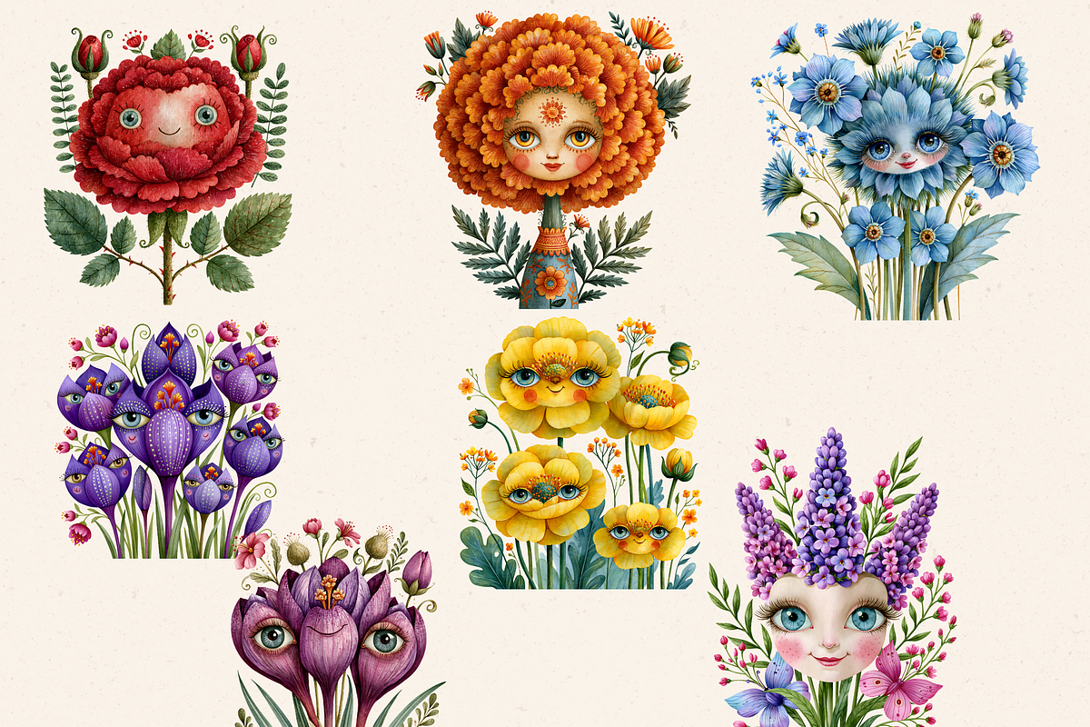 Surreal Flower Faces Clipart& Papers, a Seasonal Illustration by Daring Digies (Photo 5 of 11)