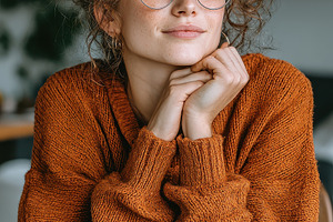 Young woman in orange sweater with g, a Photo by Pixeness Studio