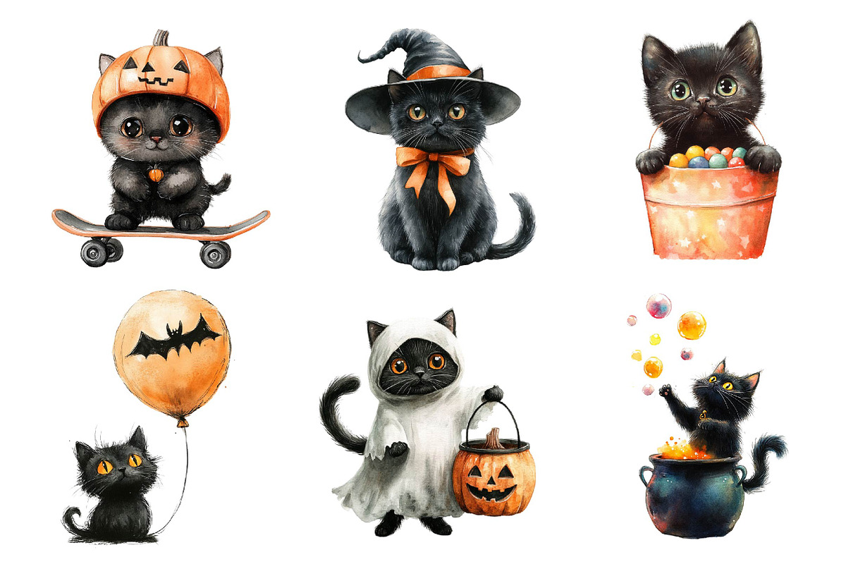 Cute Halloween Black Cats Clipart, an Illustration by Dream Creation (Photo 2 of 6)