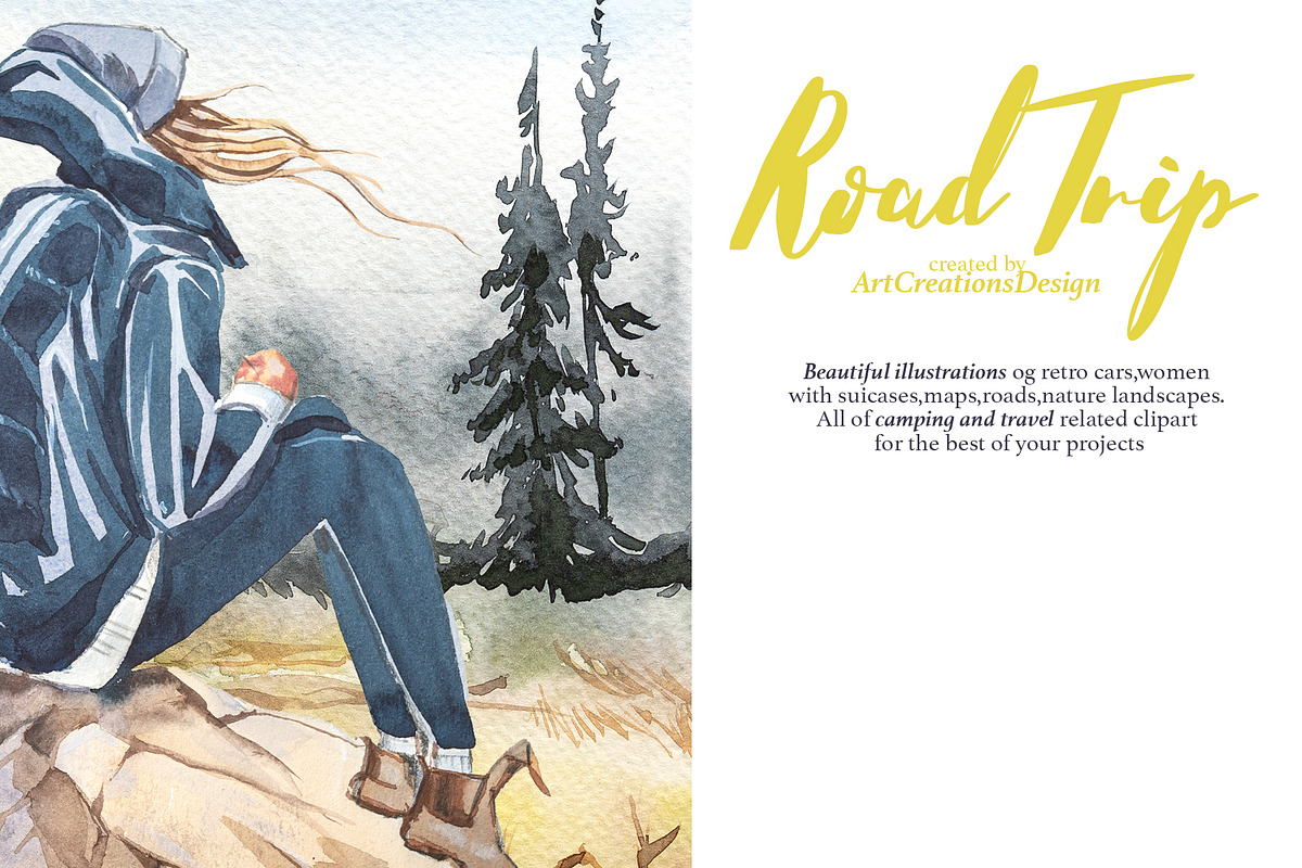 Watercolor Road Trip Clipart Set, a Person Illustration by ArtCreationsDesign (Photo 7 of 19)