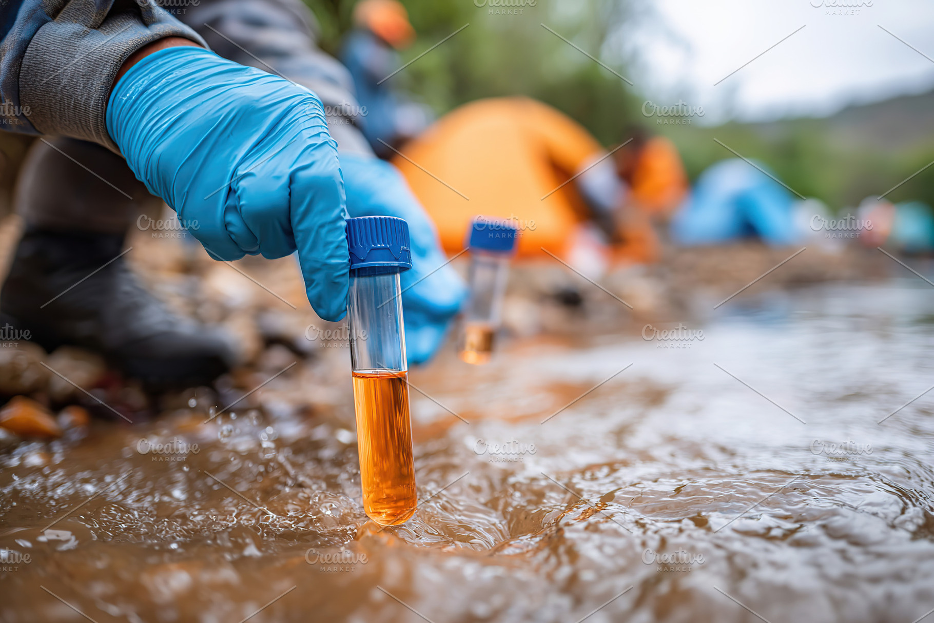 Water analysis kit used to examine muddy water in a field study by a river bank, a Photo by AlyaAnd