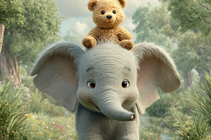 Adorable baby elephant carries teddy, a Photo by Pixeness Studio