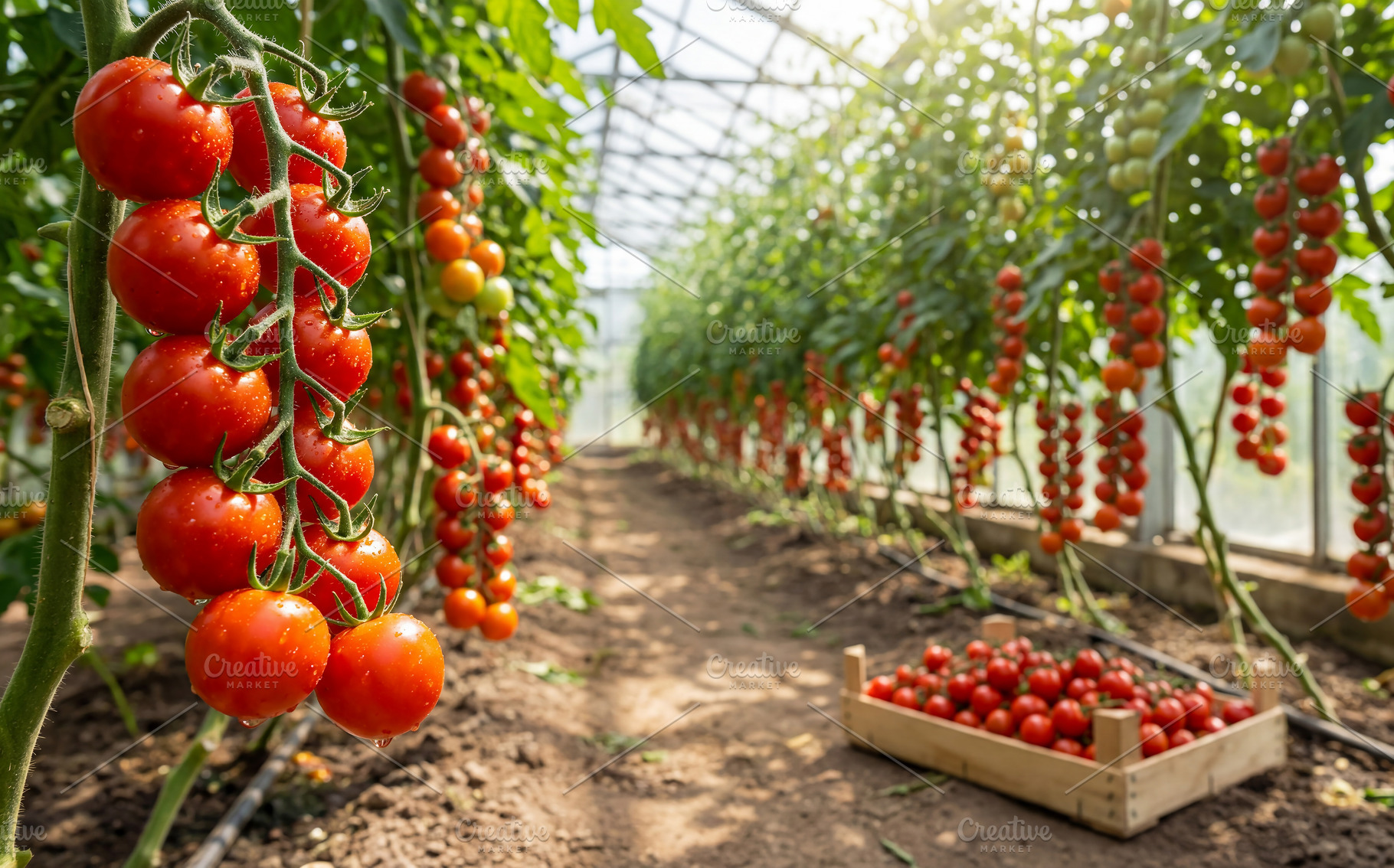 Ripe tomatoes in clusters growing, a Food & Drink Photo by Volff