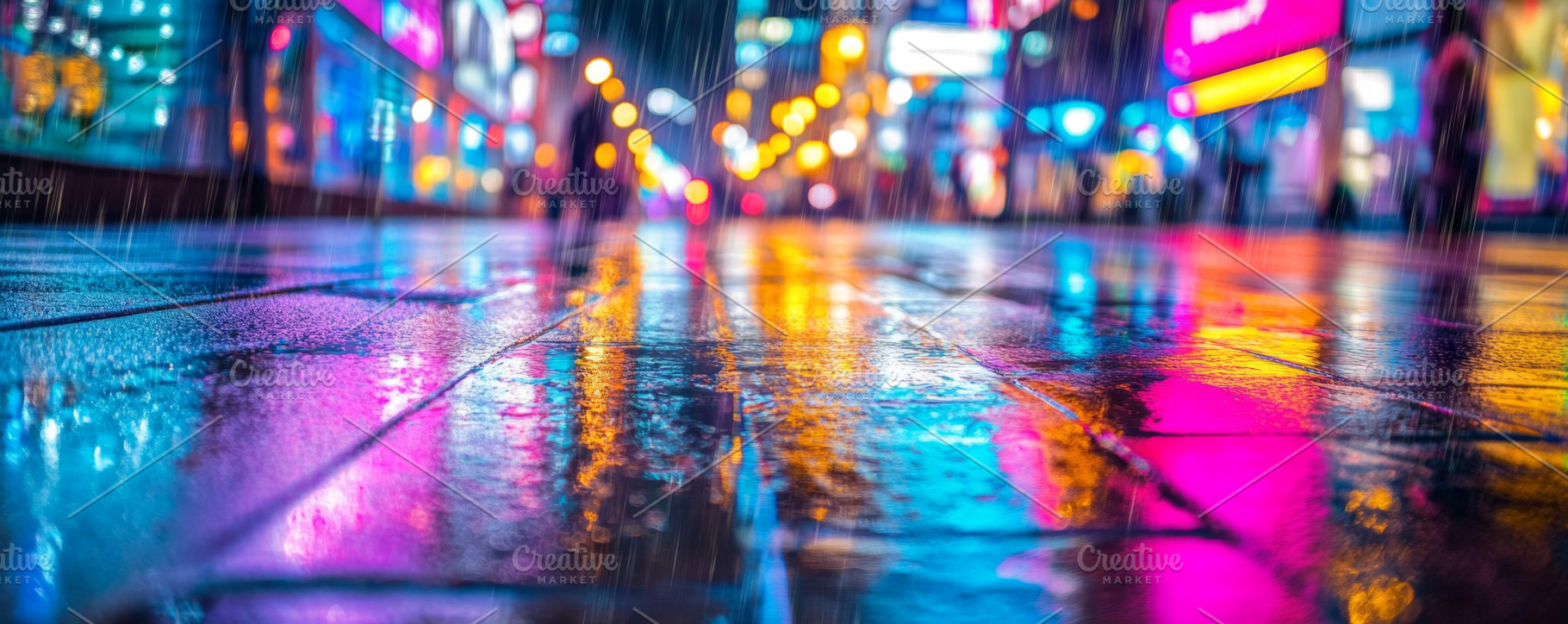 Vibrant Neon Lights Reflecting on a Rainy City Street, an Abstract Photo by Natalia Klenova's Shop