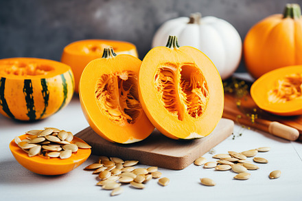 Orange pumpkins with seeds on white wooden background, a Photo by AlyaAnd