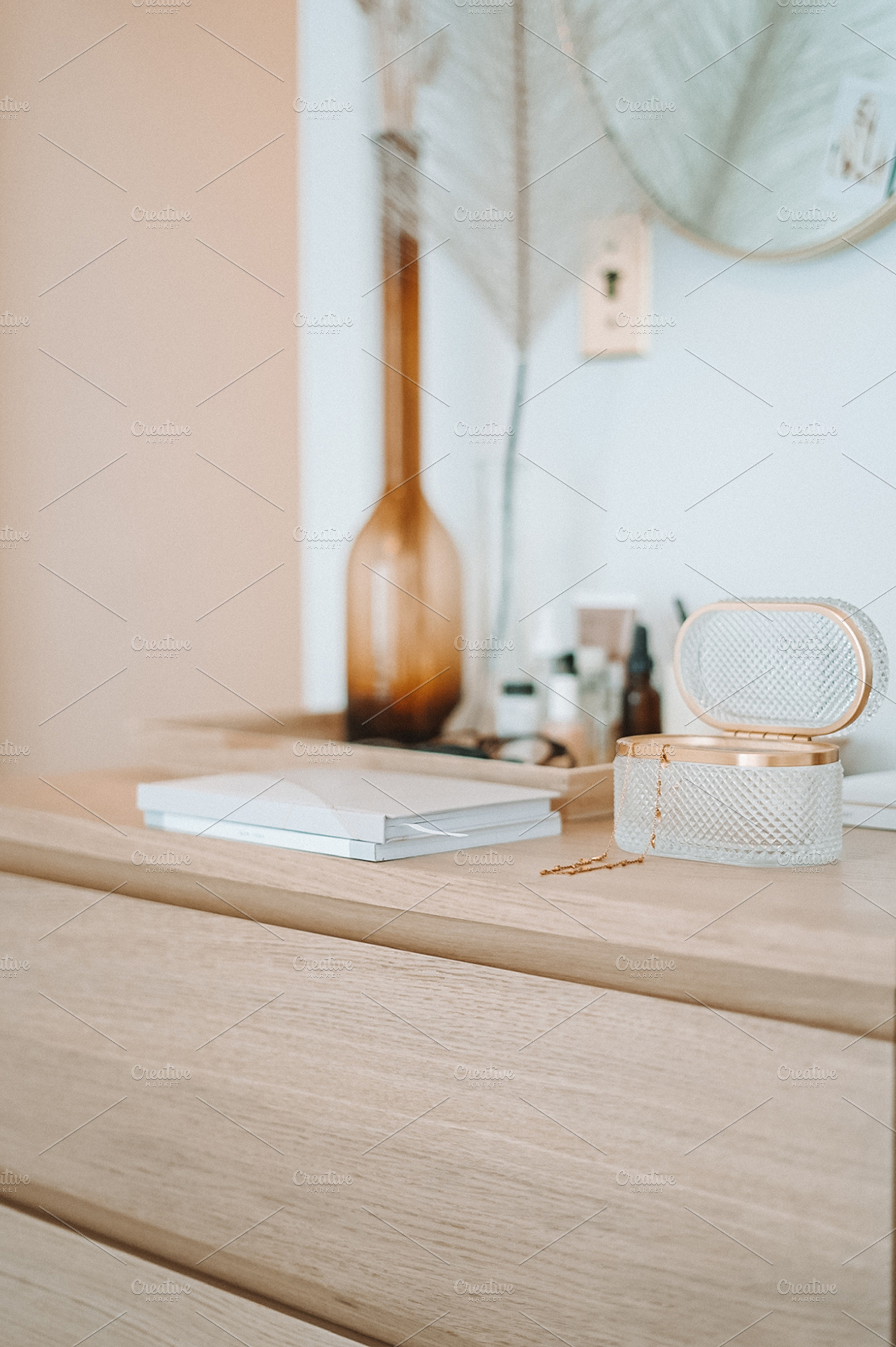 Notebook and jewelery box on dresser stock picture, an Architecture Photo by Marissa Cristina