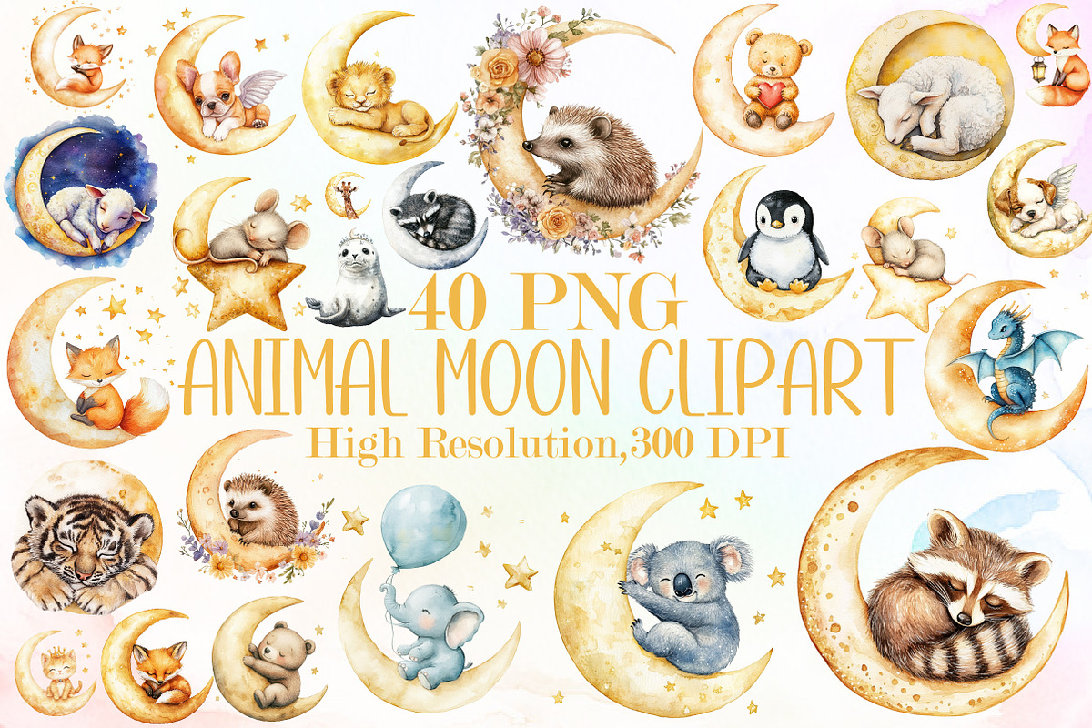Watercolor Animal Moon Clipart Bundl, an Illustration by Sublimation Artist (Photo 1 of 6)