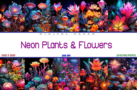Neon Plants & Flowers, a Background Graphic by Printable Treasure