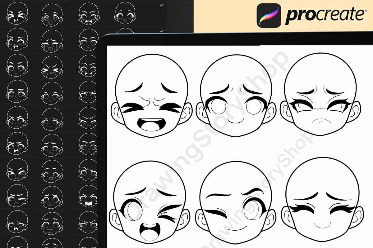 200 Procreate head chibi emote brush, a Brush Add-On by DrawingStoryShop