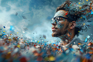 Young Man In Surreal Splash Of Colors And Shapes