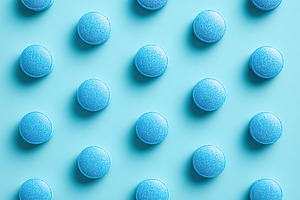 Neatly arranged blue macarons on a vibrant teal backdrop in a top-down view, a Photo by AlyaAnd