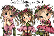 Cute Girl Sitting on Stool Clipart, an Illustration by DreamArtGraphic (Thumbnail 1 of 5)