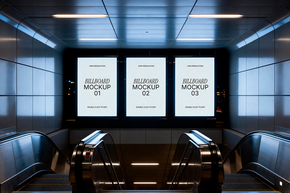 4 Billboard Mockups Escalators Set, an Advertising Mockup by rodrigofkaminski (Photo 1 of 5)