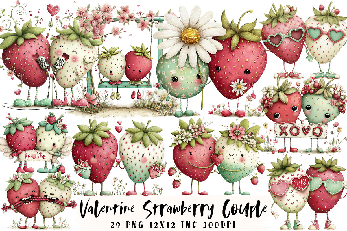 Valentine Strawberry Couple Clipart, an Illustration by OK Design (Photo 1 of 6)