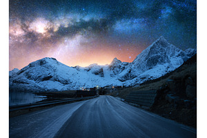 Bright Milky Way, road and snowy, a Nature Photo by den-belitsky