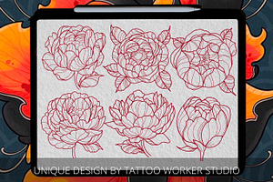 Neo Tradition Peony Tattoo Stencil