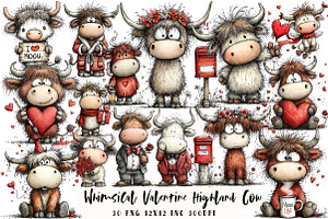Whimsical Valentine Highland Cow Cli, an Illustration by OK Design