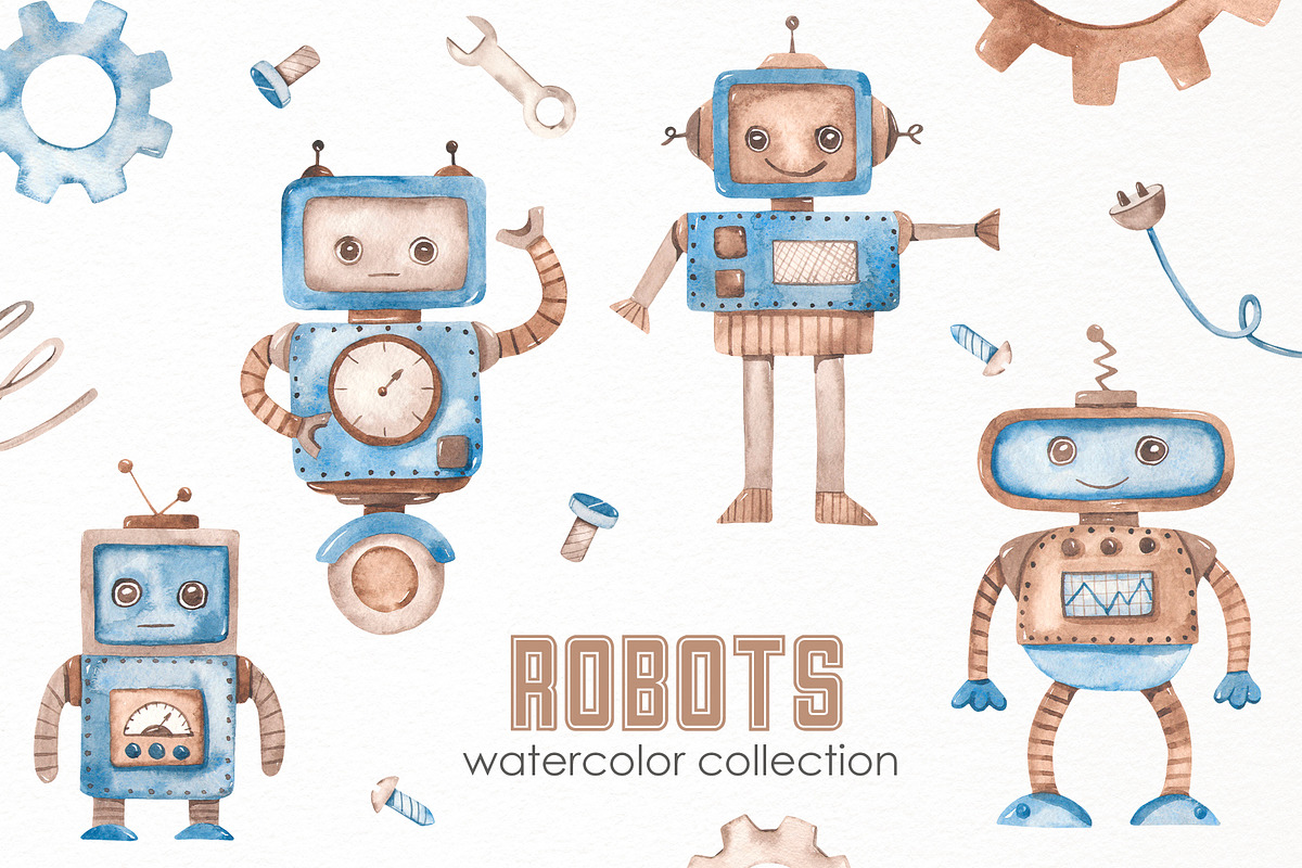 Robots watercolor collection, an Animal Illustration by Marina Ermakova (Photo 1 of 10)