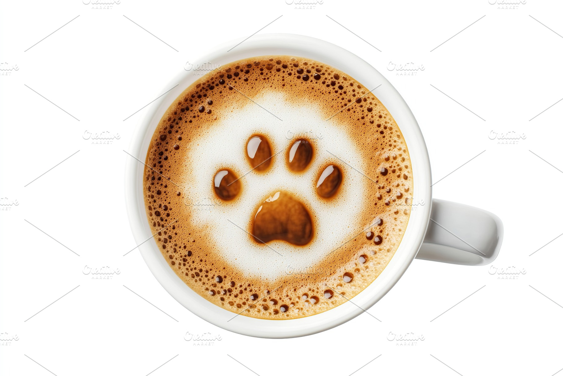 Cup of cappuccino with drawn cat paw on white background, flat lay, a Food & Drink Photo by AlyaAnd
