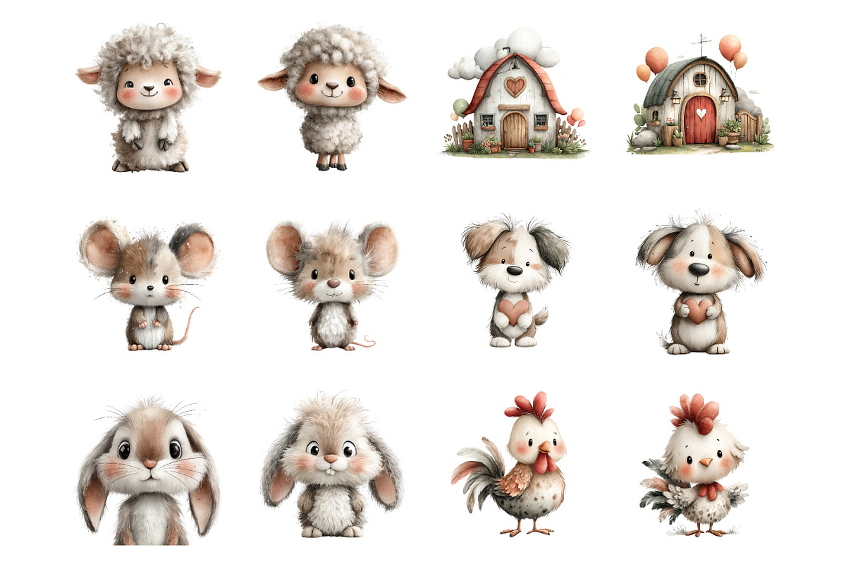 Watercolor cute animals farm clipart, an Illustration by SinaCreation (Photo 7 of 10)