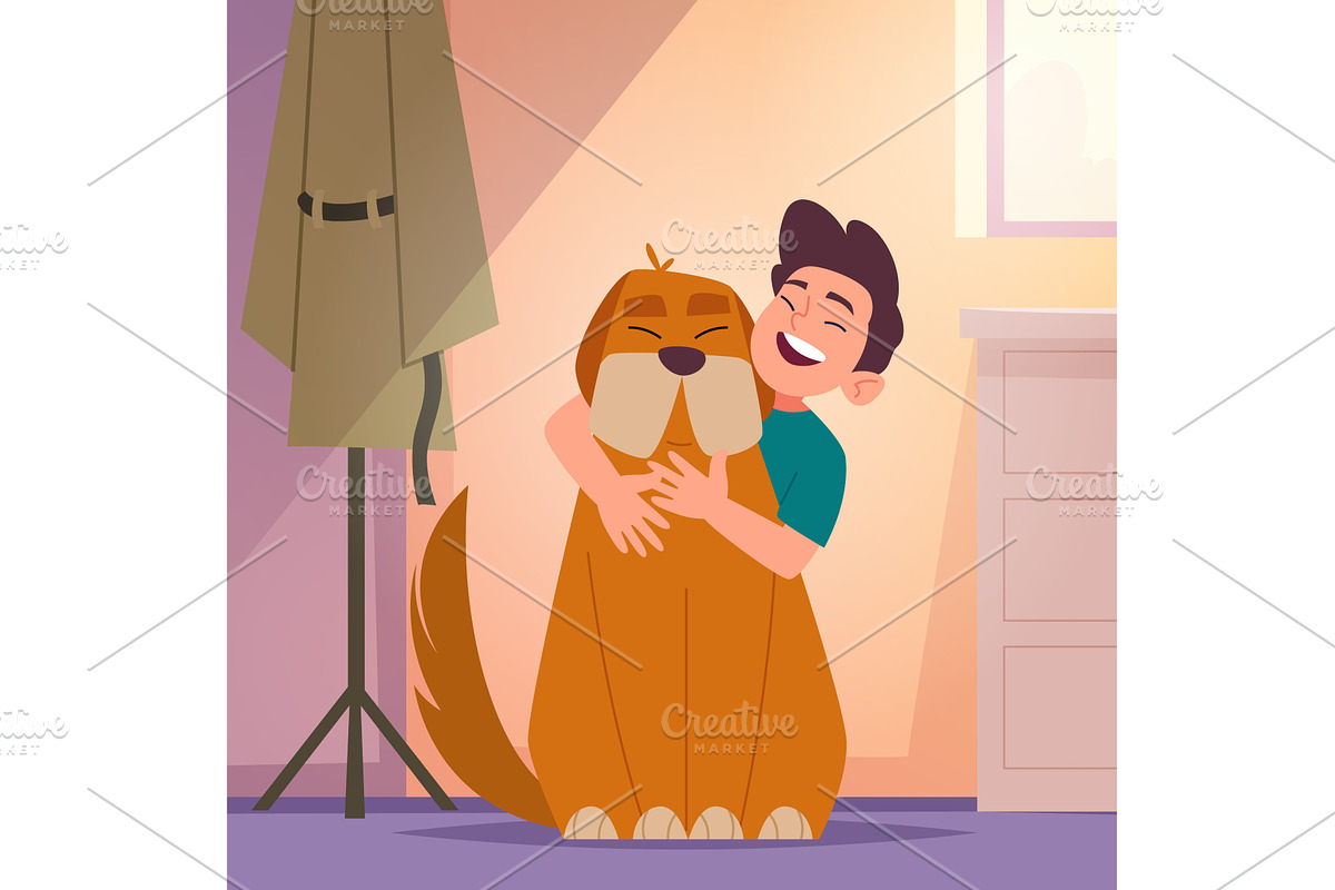 Dog owner. happy man hugging dog, an Animal Illustration by Onyx