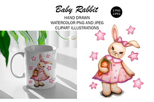 Watercolor drawn cute baby rabbit