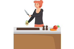 Woman cooking on kitchen vector icon, a Food Illustration by Sky Pics Studio