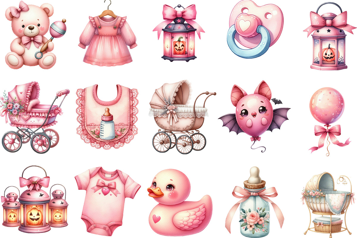 Watercolor Pink Baby Shower Clipart, an Illustration by Designking (Photo 2 of 5)