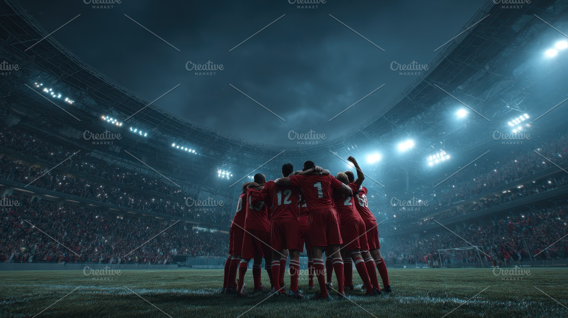 Soccer Team Huddle Stadium Night Gam, a Photo by Pixeness Studio