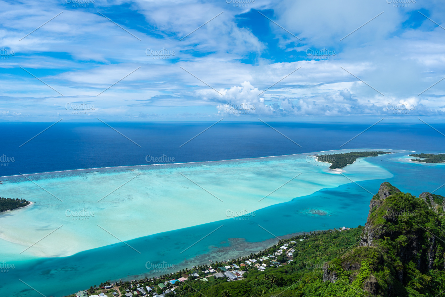 Panoramic view of Maupiti island and lagoon from Mount Teurafaat, a Nature Photo by GoodGoods
