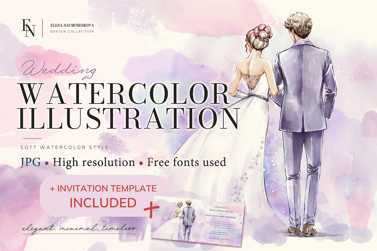 Watercolor Wedding Invite Set, a Marketing Template by Elena Naumchenkova (Photo 1 of 4)