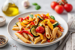 Colorful pasta with bell peppers and zucchini, a Food & Drink Photo by AlyaAnd