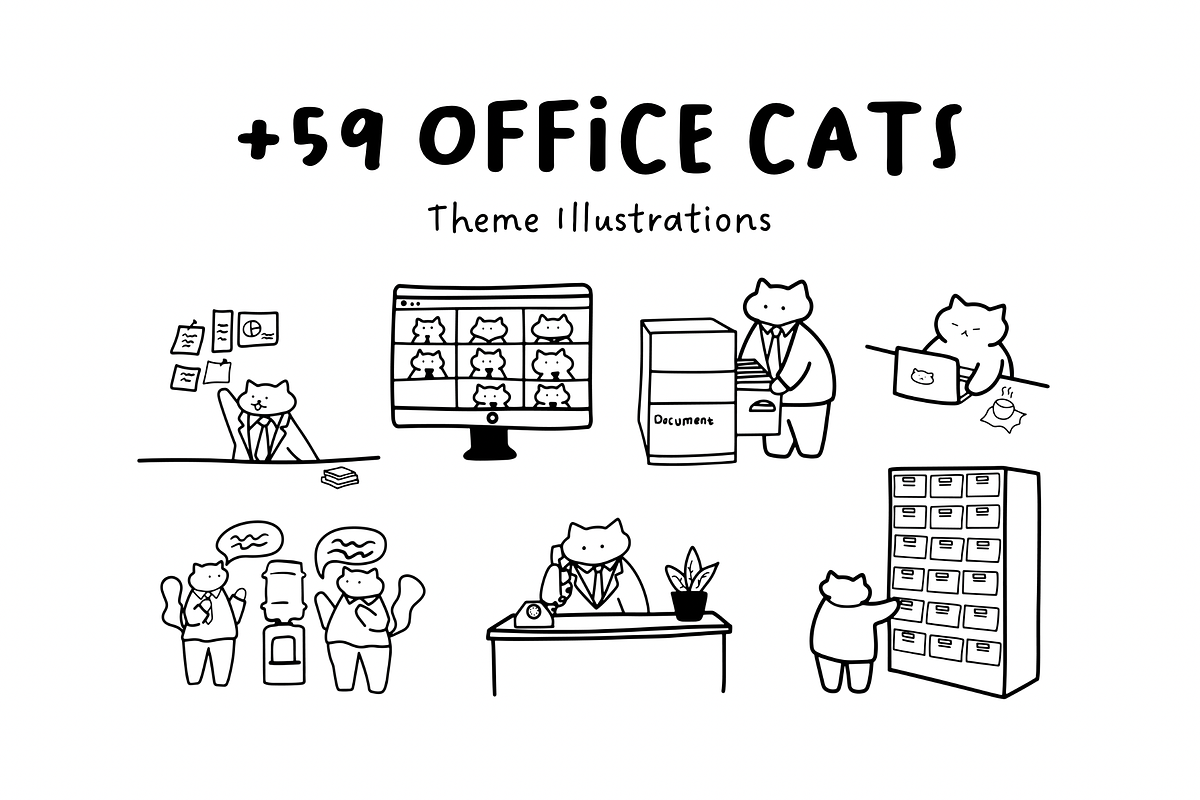 +59 Office Cats: Cute Hand-Drawn Set, a Work Illustration by The Journey Atelier (Photo 1 of 5)