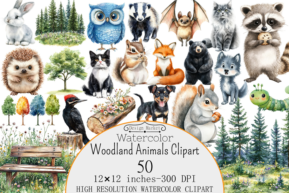Watercolor Woodland Animals Clipart, a Seasonal Illustration by Design Market (Photo 1 of 5)