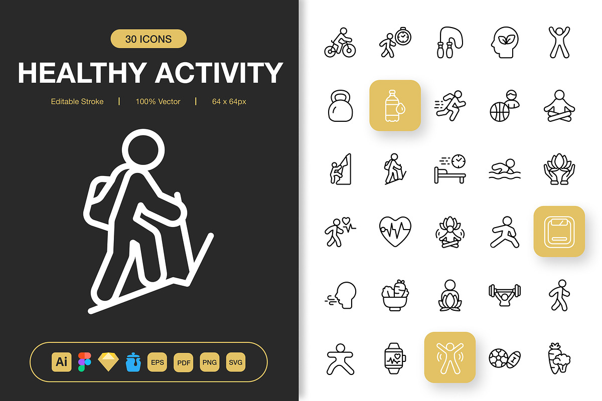 Health Activity Icons, an Outline Icon by Spacepixel Creative