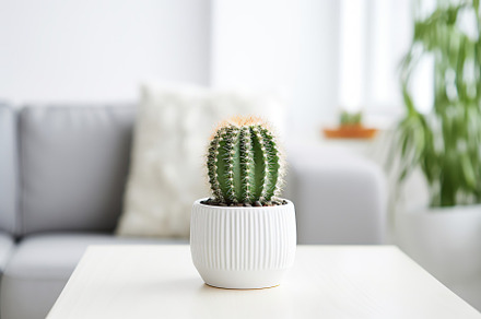 Green cactus in pot on wooden table, a Nature Photo by AlyaAnd