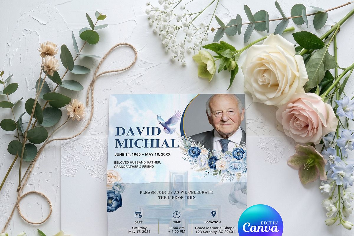 Blue Floral Funeral Program, an Invitation Template by Arslan (Photo 3 of 3)