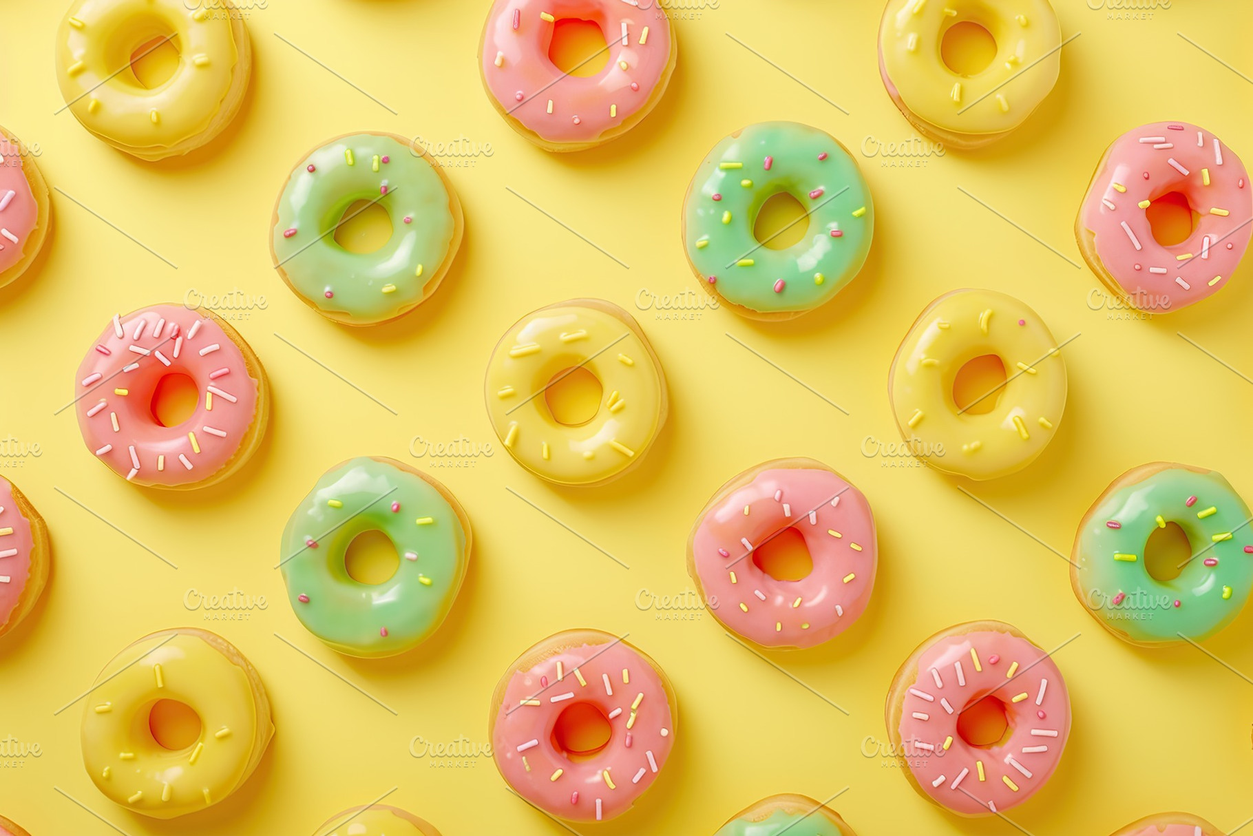 Pattern of sweet and colorful donuts on yellow background, a Food & Drink Photo by AlyaAnd