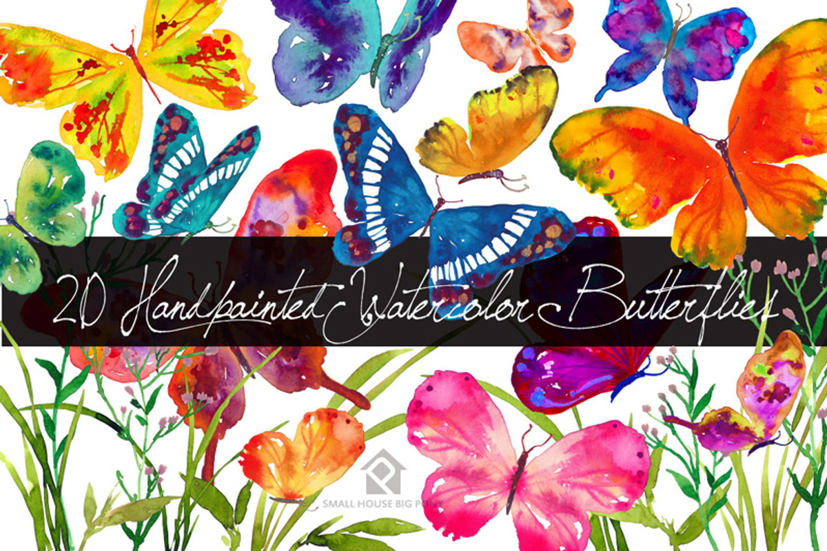 20 Watercolor Butterflies, an Illustration by SmallHouseBigPony (Photo 1 of 4)