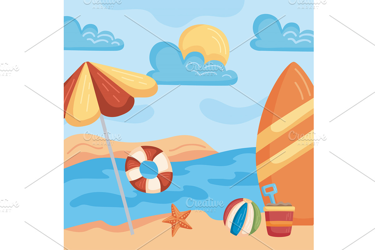 umbrella and surfboard beach, an Illustration by studiogstock