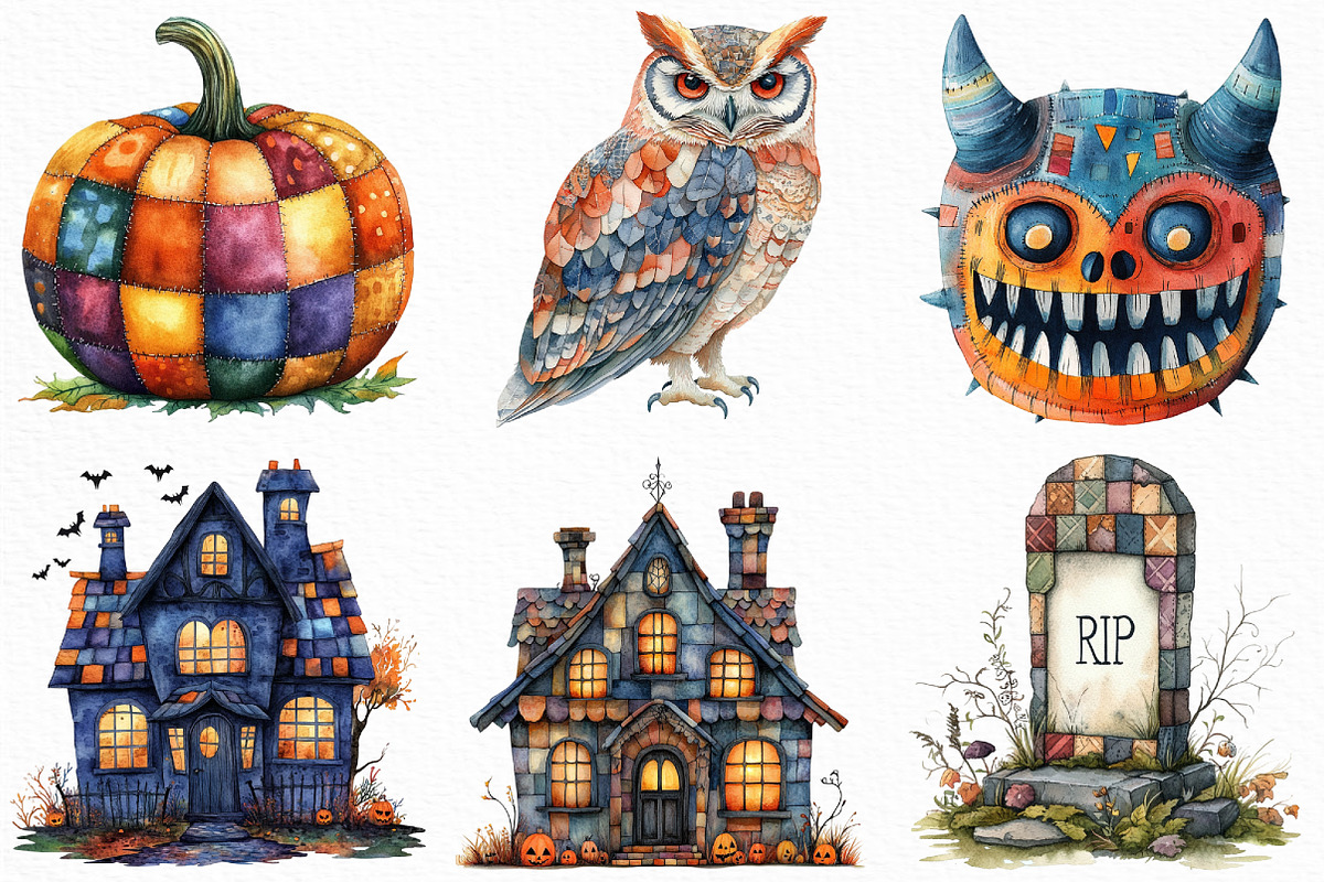 Watercolor Patchwork Halloween PNG, an Illustration by Craft Nest (Photo 2 of 6)
