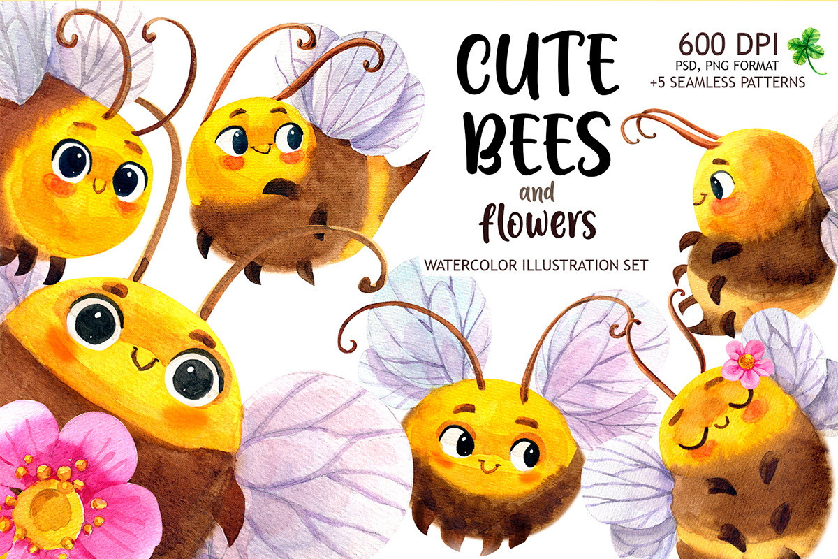 Watercolor Cute Bees, an Animal Illustration by KatBranchArt (Photo 1 of 5)