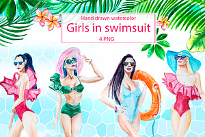 Fashion Girl in swimsuit watercolor.
