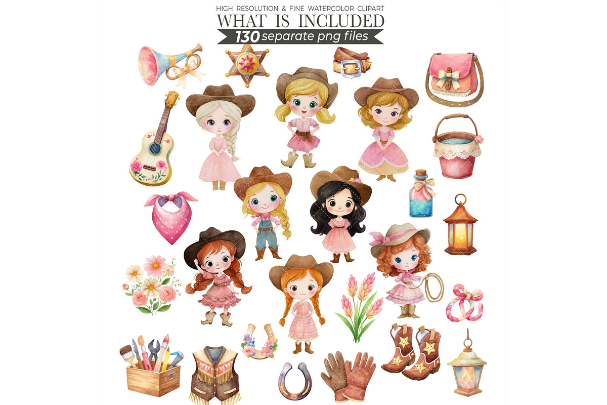 Watercolor Cowgirl Clipart Bundle, an Illustration by CharmClipart (Photo 3 of 9)